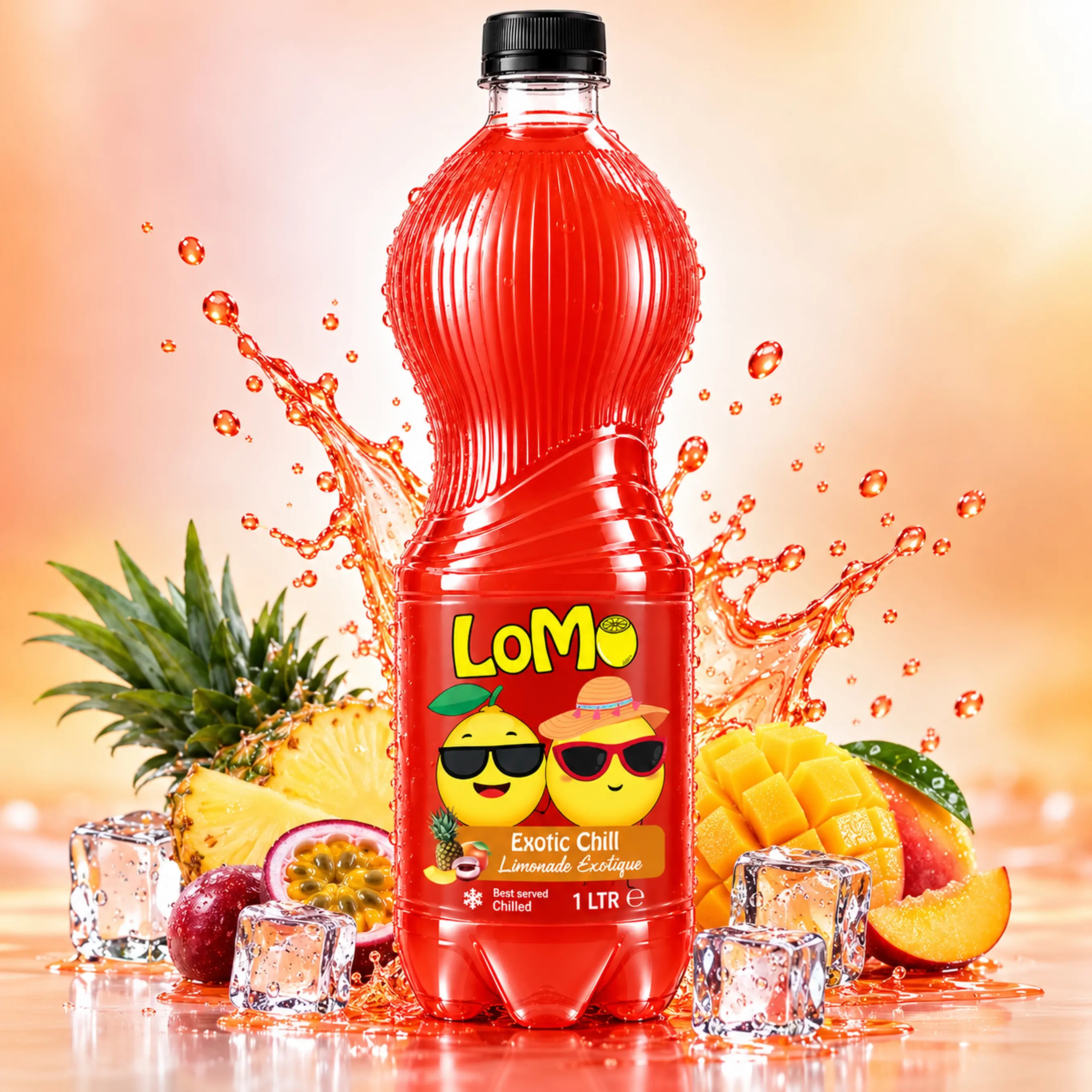 LOMO Exotic Chill 1L lemonade bottle with pineapple, mango, passion fruit and ice cubes.